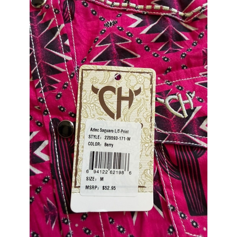 Cowgirl Hardware Womens Berry Pink Aztec Saguaro Cactus Western Snap Shirt M NEW - Picture 2 of 7